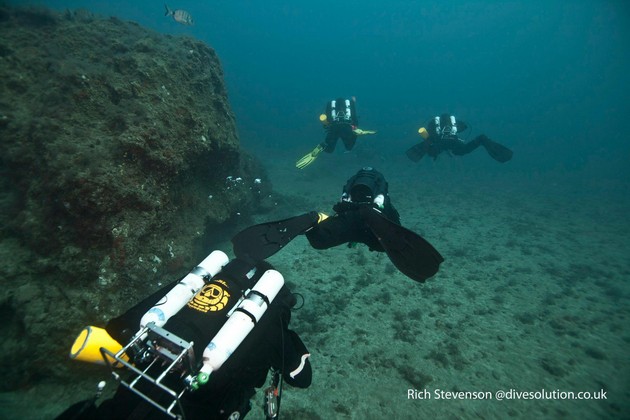 A diver (Tony Youseman) on one of the quadruple propellers Rebreatherpro-Training